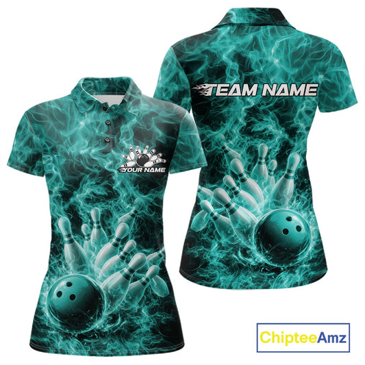 Front and back womens bowling polo featuring a turquoise blue bowling ball crashing through pins with flame graphics.