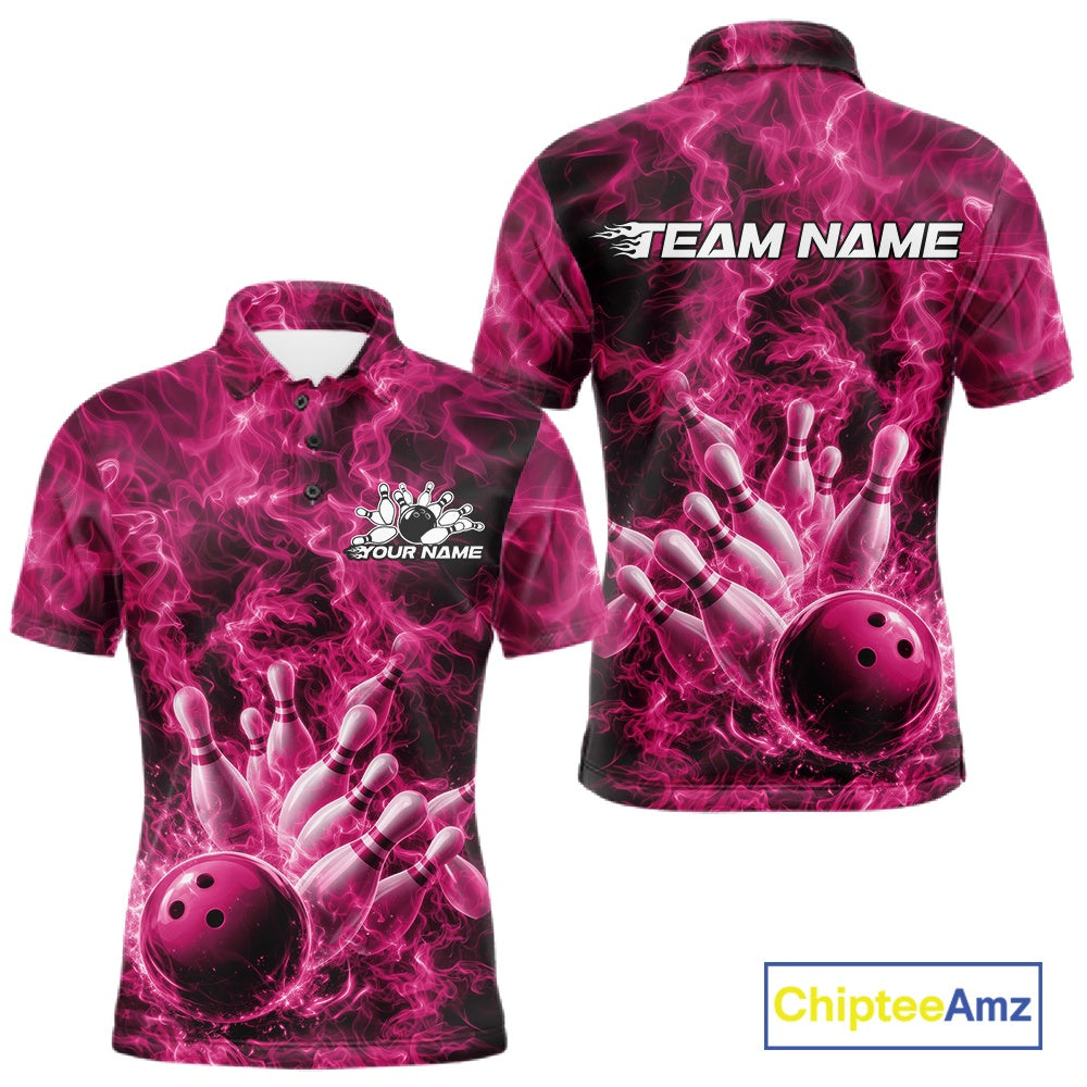 Front and back mens bowling polo featuring a pink bowling ball crashing through pins with a dramatic flame background.