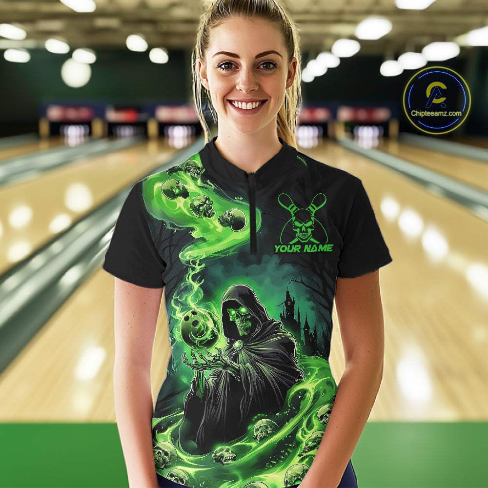 Black And Green Grim Reaper Custom Halloween Bowling Team Shirts For Men, Bowling Gifts IPHW7612