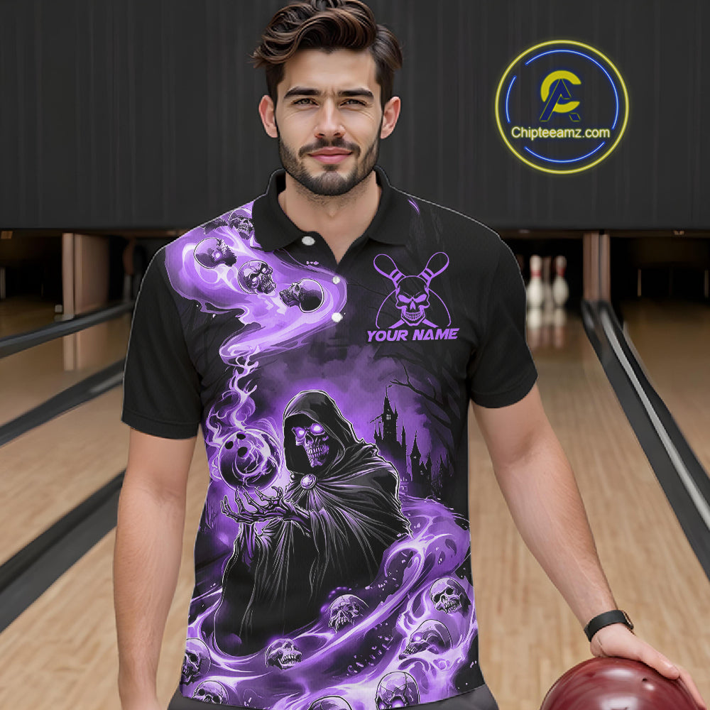 Black And Purple Grim Reaper Custom Halloween Bowling Team Shirts For Men, Bowling Gifts IPHW7613