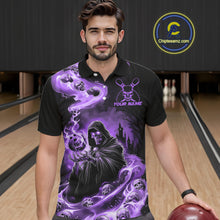 Load image into Gallery viewer, Black And Purple Grim Reaper Custom Halloween Bowling Team Shirts For Men, Bowling Gifts IPHW7613