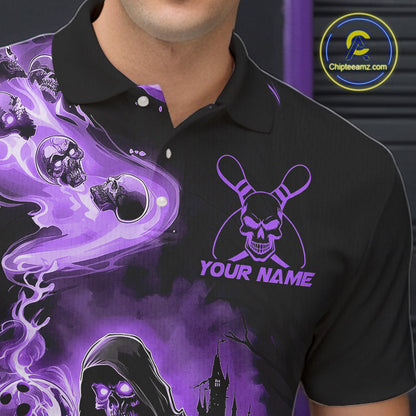 Black And Purple Grim Reaper Custom Halloween Bowling Team Shirts For Men, Bowling Gifts IPHW7613