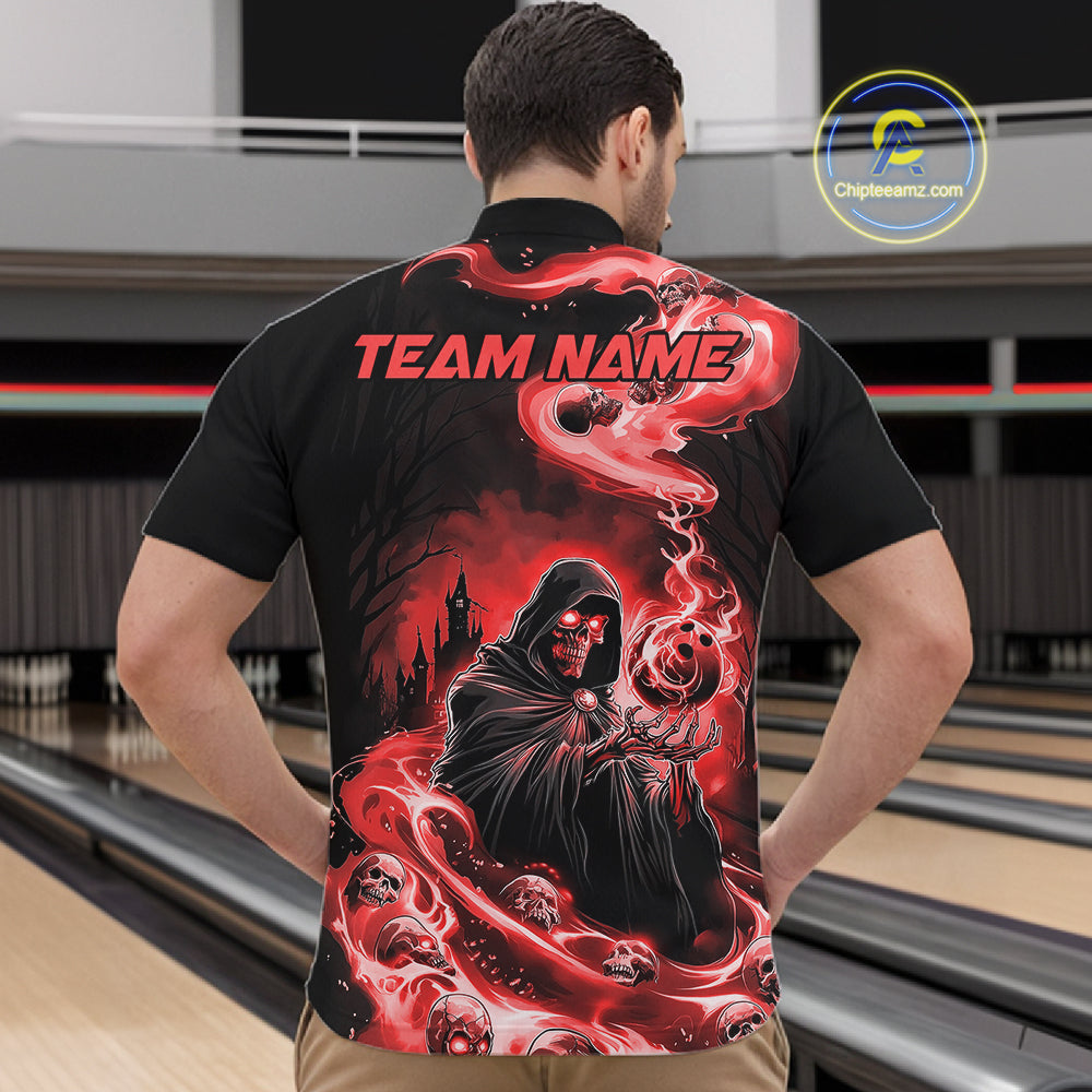 Black And Red Grim Reaper Custom Halloween Bowling Team Shirts For Men, Bowling Gifts IPHW7614