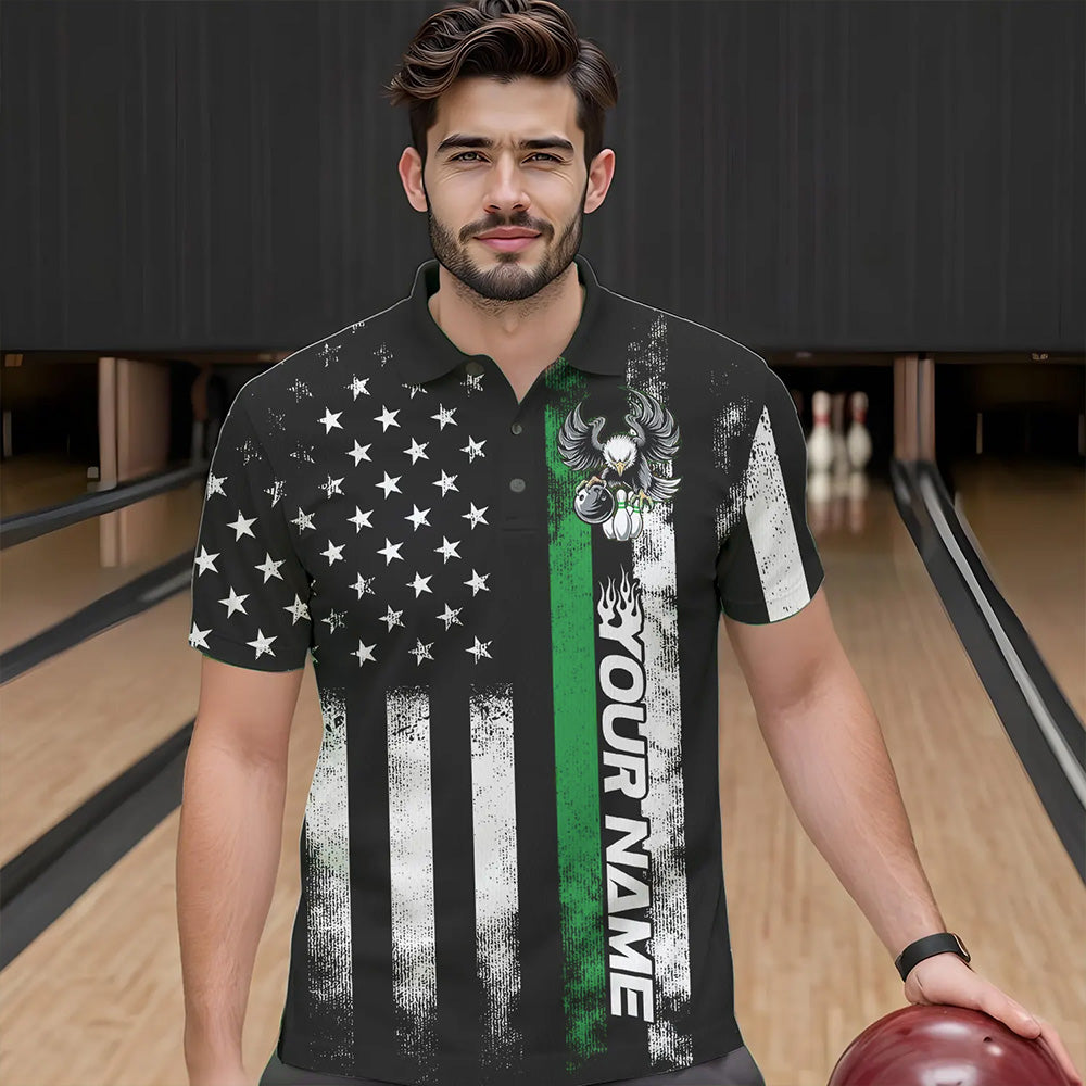 Custom Green Thin Line American Flag Eagle Bowling Men Polo Shirts, Patriotic US Bowling Shirt IPHW8737