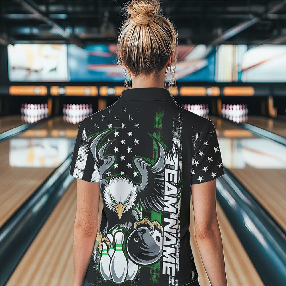 Custom Green Line American Flag Eagle Bowling Women Quarter-Zip Shirt, Patriotic Bowling IPHW8737