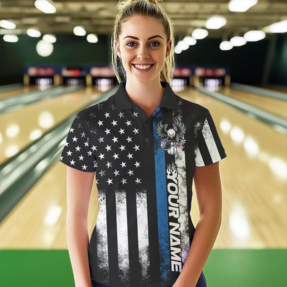 Custom Blue Thin Line American Flag Eagle Bowling Women Polo Shirts, Patriotic US Bowling IPHW8738