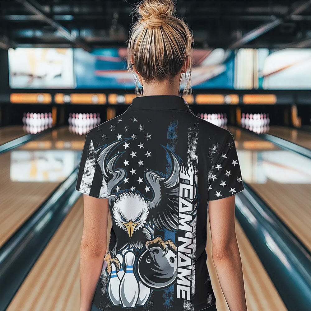 Custom Blue Thin Line American Flag Eagle Bowling Women Polo Shirts, Patriotic US Bowling IPHW8738