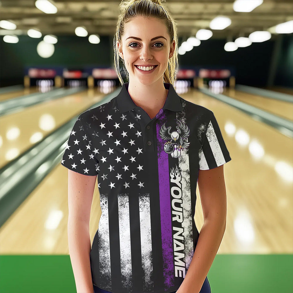 Custom Purple Thin Line American Flag Eagle Bowling Women Polo Shirts, Patriotic US Bowling IPHW8739