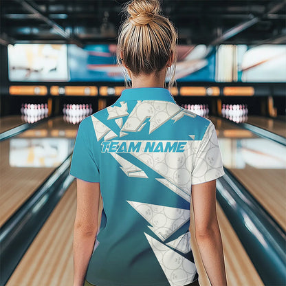 Custom White And Blue Bowling Team Womens Polo Shirt, Bowling Ball Pattern Bowlers Outfit IPHW8741