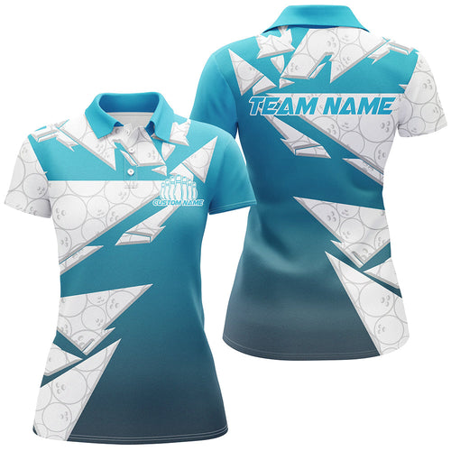Custom White And Blue Bowling Team Womens Polo Shirt, Bowling Ball Pattern Bowlers Outfit IPHW8741