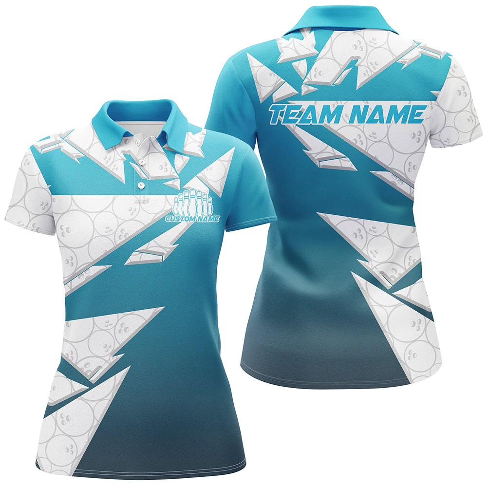 Custom White And Blue Bowling Team Womens Polo Shirt, Bowling Ball Pattern Bowlers Outfit IPHW8741
