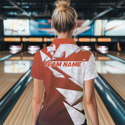 Custom White And Orange Bowling Team Womens Polo Shirt, Bowling Ball Pattern Bowlers Outfit IPHW8743