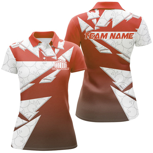 Custom White And Orange Bowling Team Womens Polo Shirt, Bowling Ball Pattern Bowlers Outfit IPHW8743