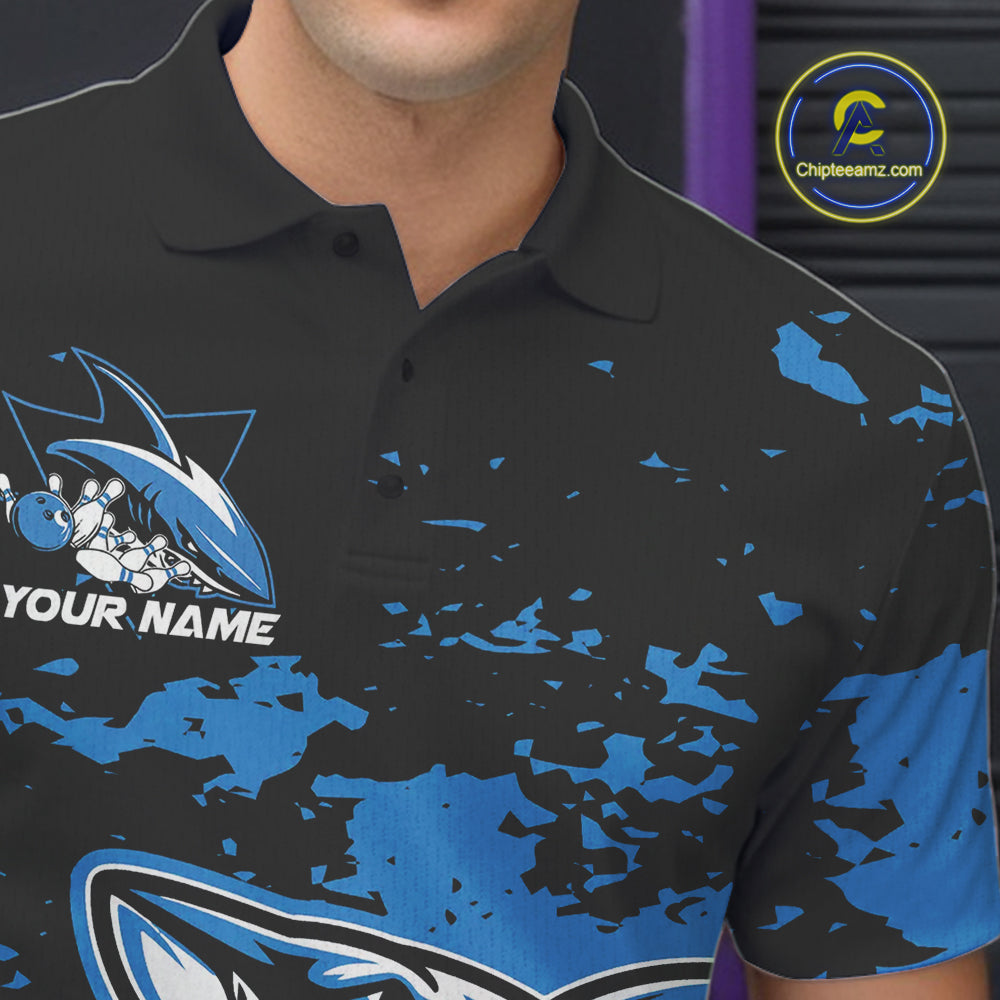 Custom Black And Blue Camo Shark Bowling Team Men Polo Shirts, Bowling Tournament Shirt IPHW8996