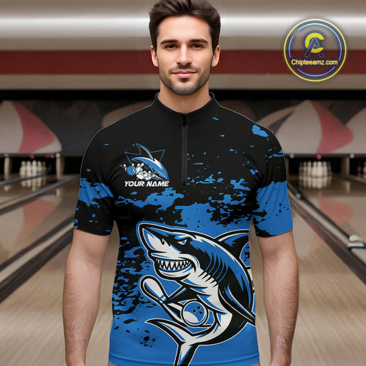 Custom Black And Blue Camo Shark Bowling Team Men Quarter-Zip Shirts, Bowling Tournament Shirt IPHW8996