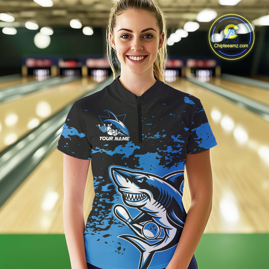 Custom Black And Blue Camo Shark Bowling Women Quarter-Zip Shirt, Tournament Shirt IPHW8996