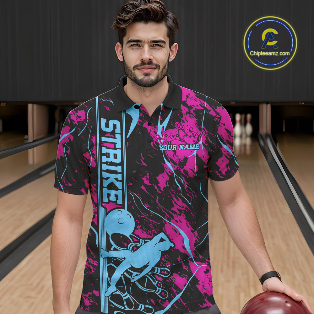 Custom Blue And Pink Strike Bowling Polo Team Shirts For Men, Strike Bowling Jersey IPHW9242