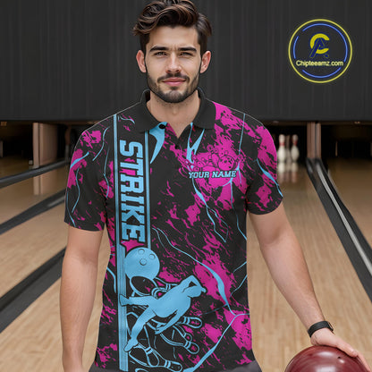 Custom Blue And Pink Strike Bowling Polo Team Shirts For Men, Strike Bowling Jersey IPHW9242