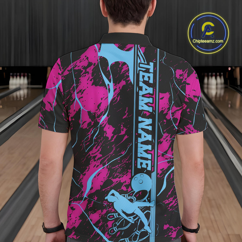 Custom Blue And Pink Strike Bowling Polo Team Shirts For Men, Strike Bowling Jersey IPHW9242