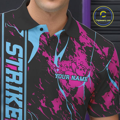 Custom Blue And Pink Strike Bowling Polo Team Shirts For Men, Strike Bowling Jersey IPHW9242