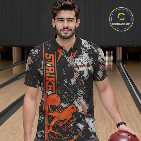 Custom Orange And Gray Camo Strike Bowling Polo Team Shirts For Men, Strike Bowling Jersey IPHW9244