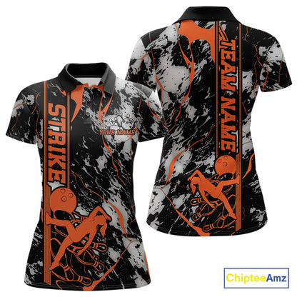 Custom Orange And Gray Camo Strike Bowling Women Polo Team Shirts, Strike Bowling Jersey IPHW9244