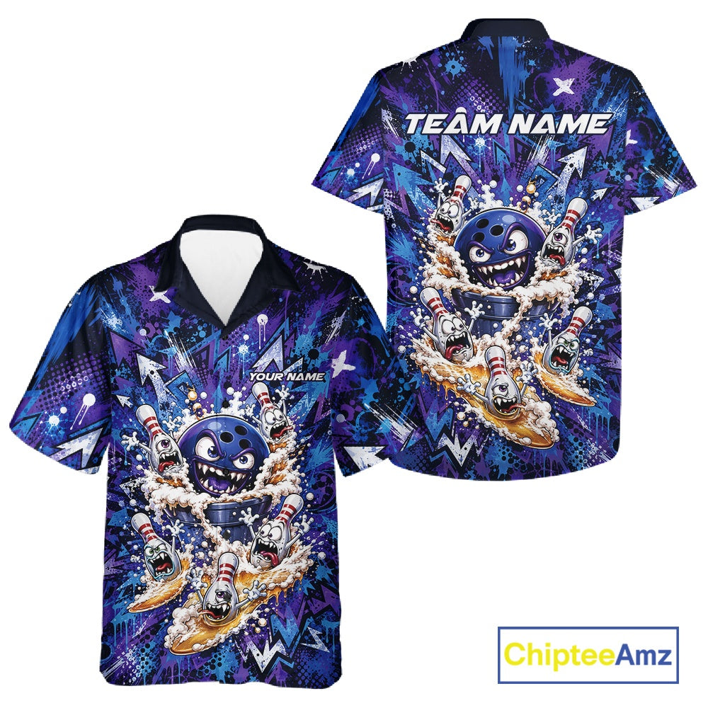 Front and back view of a blue and purple button-up bowling shirt featuring a blue monster bowling ball leading monster bowling pins holding overflowing beer mugs with bold graffiti-style splatter artwork.