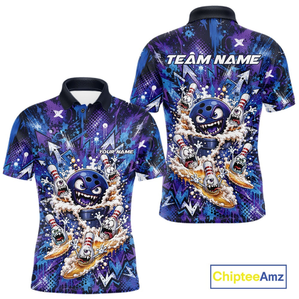 Front and back view of a blue and purple men's bowling polo shirt featuring a blue monster bowling ball leading monster bowling pins holding overflowing beer mugs with vibrant graffiti-style splatter artwork.