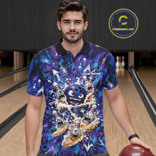 Load image into Gallery viewer, Male model wearing a blue and purple bowling polo shirt at a bowling lane, showcasing a blue monster bowling ball leading monster bowling pins with overflowing beer mugs and bold graffiti-style splatter graphics.