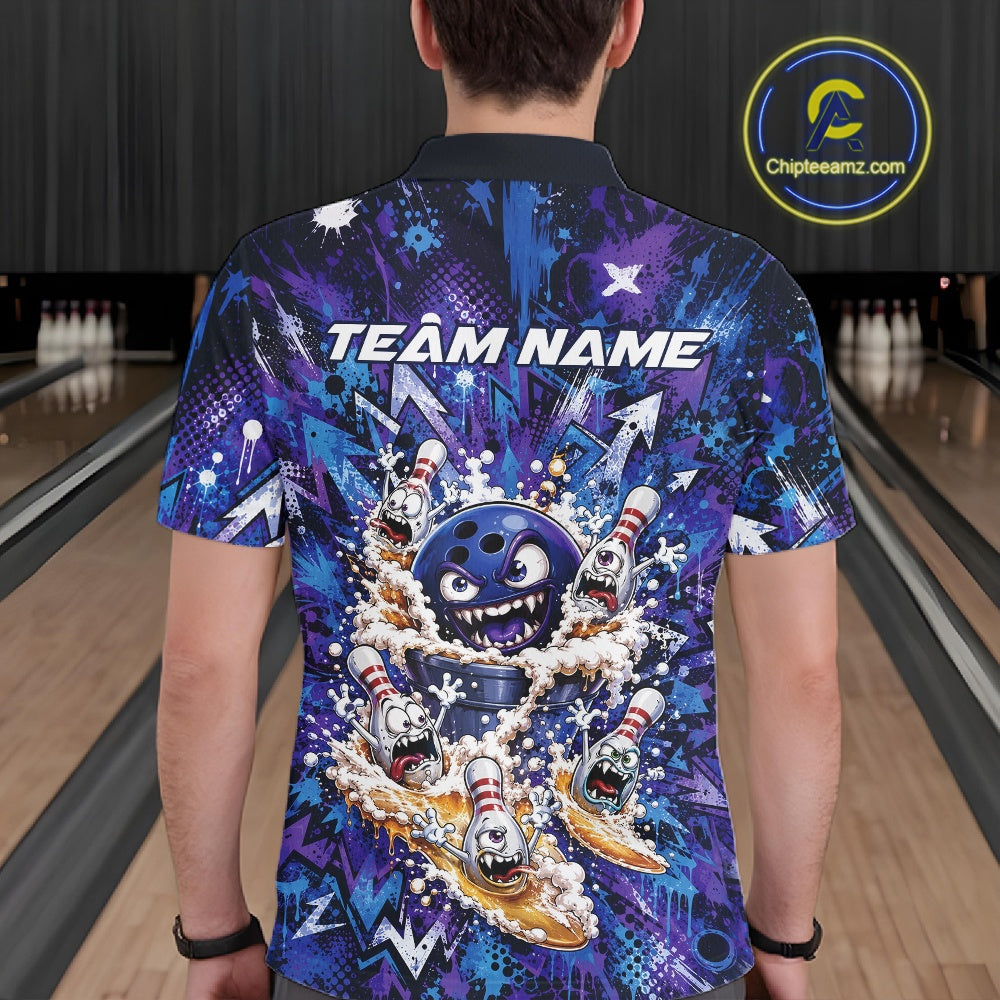 Back view of a male model in a bowling lane wearing a blue and purple bowling polo shirt featuring a blue monster bowling ball leading monster bowling pins holding overflowing beer mugs with energetic graffiti-style splatter artwork.