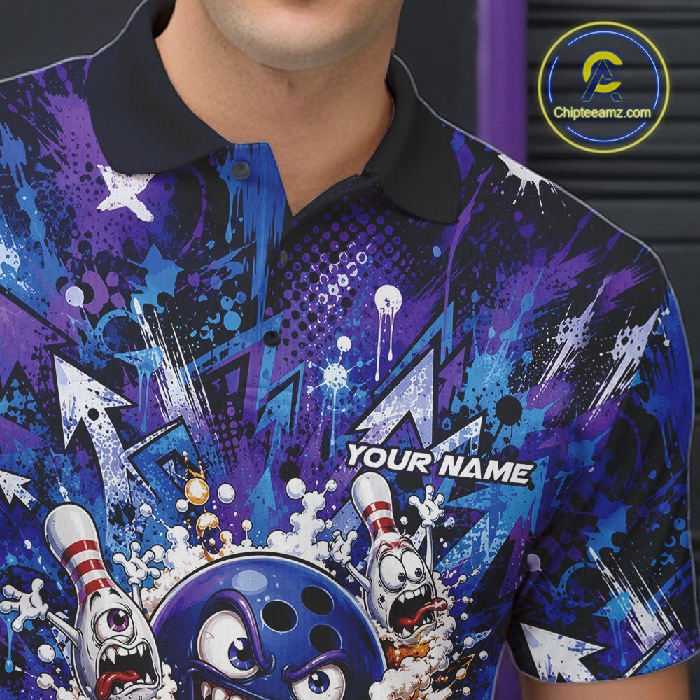 Close-up view of the left chest on a blue and purple bowling polo shirt displaying a blue monster bowling ball leading monster bowling pins holding overflowing beer mugs with bold graffiti-style splatter graphics.