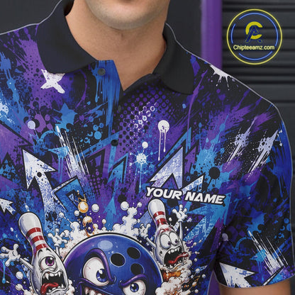Close-up view of the left chest on a blue and purple bowling polo shirt displaying a blue monster bowling ball leading monster bowling pins holding overflowing beer mugs with bold graffiti-style splatter graphics.