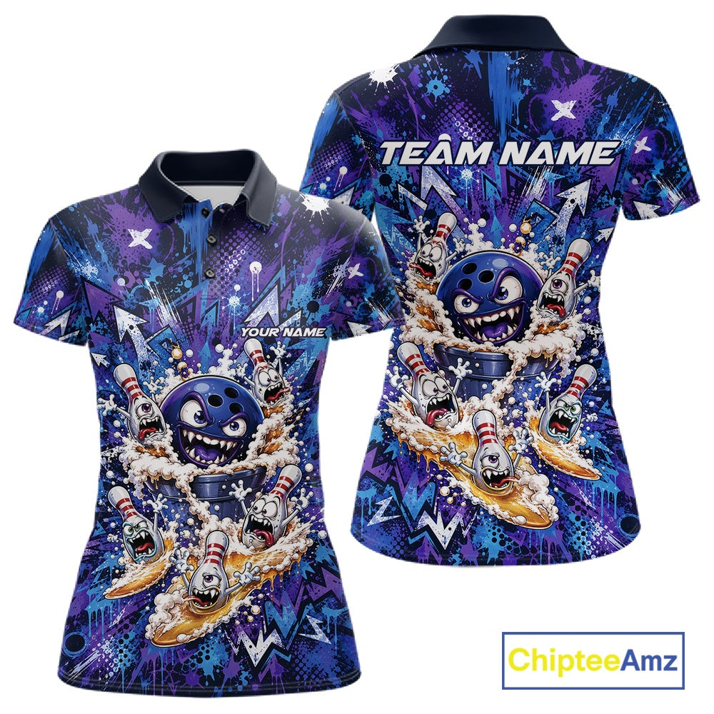 Front and back view of a blue and purple women's bowling polo shirt featuring a blue monster bowling ball leading monster bowling pins holding overflowing beer mugs with bold graffiti-style splatter artwork.