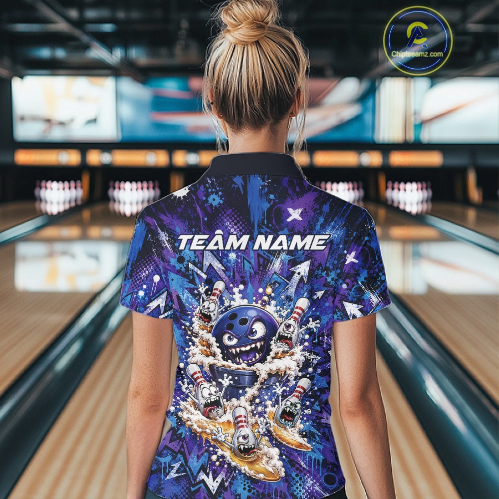 Back view of a female model wearing a blue and purple bowling polo shirt in a bowling lane, featuring a blue monster bowling ball leading monster bowling pins holding overflowing beer mugs with vibrant graffiti-style splatter graphics.