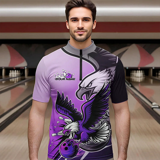 Custom Eagle Bowling Jerseys With Names, Purple Eagle Bowling League Men Quarter-Zip Shirts IPHW8763