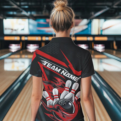 Custom Black And Red Flame Bowling Team Polo Shirts For Women, Fire Bowling League Shirt IPHW8768