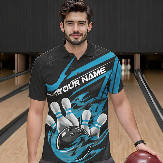 Custom Black And Blue Flame Bowling Team Polo Shirts For Men, Fire Bowling League Shirt IPHW8769