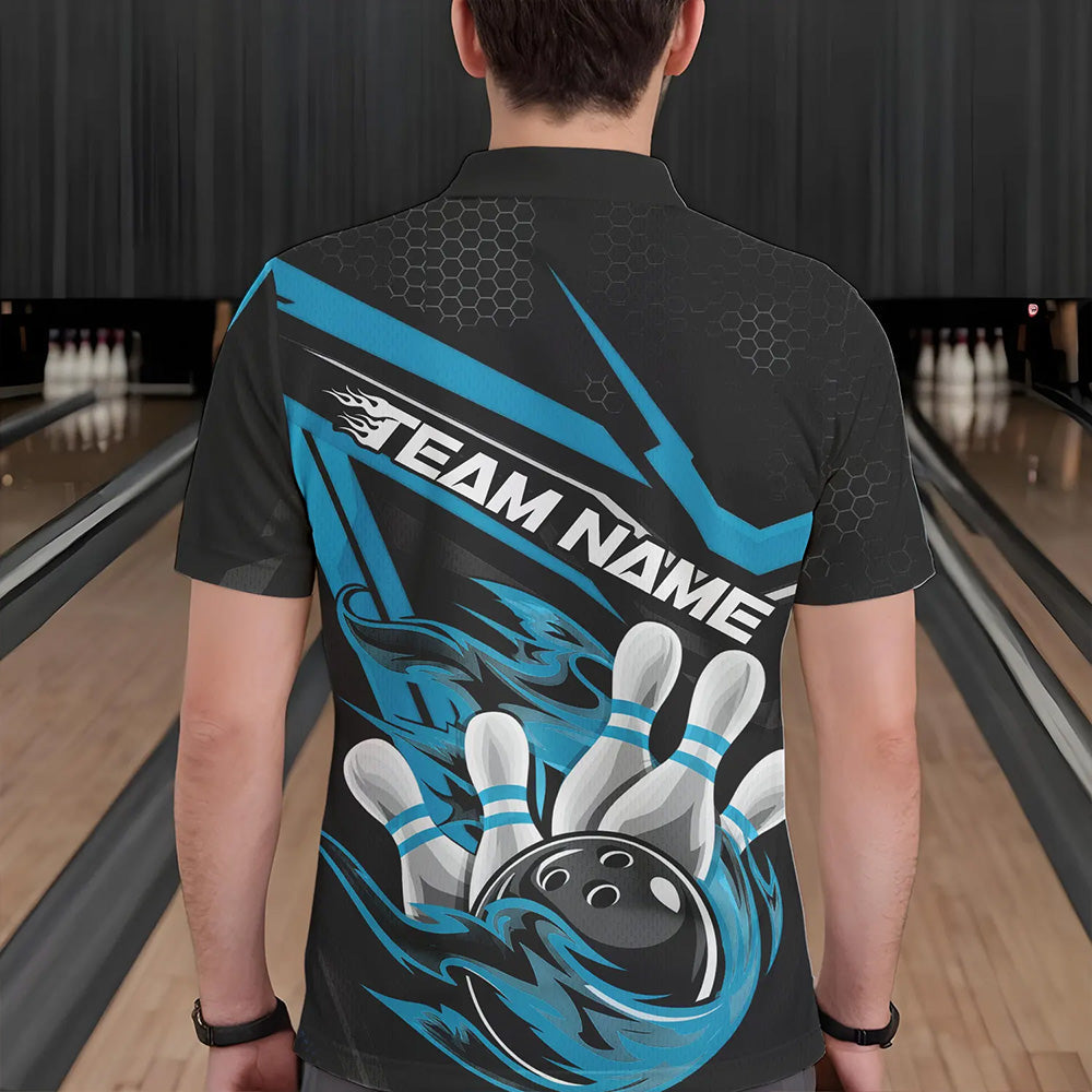 Custom Black And Blue Flame Bowling Team Polo Shirts For Men, Fire Bowling League Shirt IPHW8769