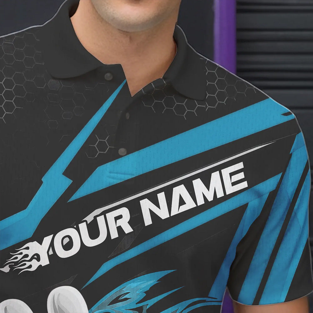 Custom Black And Blue Flame Bowling Team Polo Shirts For Men, Fire Bowling League Shirt IPHW8769