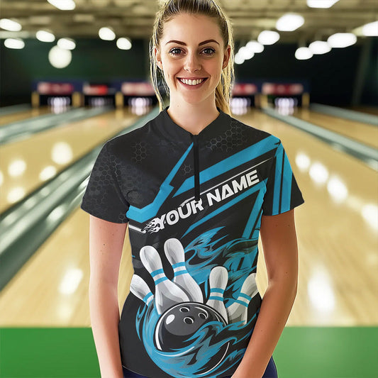 Custom Black And Blue Flame Bowling Team Women Quarter-Zip Shirt, Fire Bowling League Shirt IPHW8769