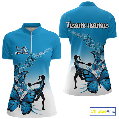 Custom Blue Gradient Butterfly Bowling Team Women Quarter-Zip Shirts, Bowlers Outfit IPHW9008