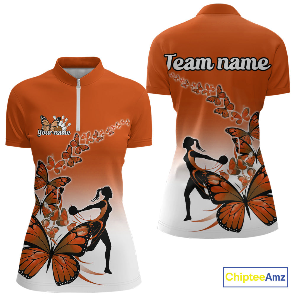 Custom Orange Gradient Butterfly Bowling Team Women Quarter-Zip Shirts, Bowlers Outfit IPHW9010