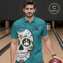 Load image into Gallery viewer, Custom Blue Sugar Skull Bowling Team Polo Shirts For Men, Halloween Bowlers Outfit IPHW9255
