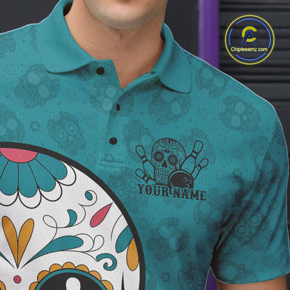 Custom Blue Sugar Skull Bowling Team Polo Shirts For Men, Halloween Bowlers Outfit IPHW9255