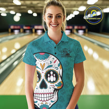 Load image into Gallery viewer, Custom Blue Sugar Skull Bowling Team Polo Shirts For Women, Halloween Bowlers Outfit IPHW9255