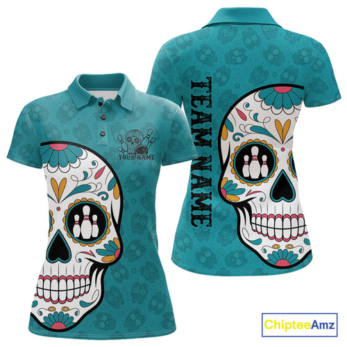 Custom Blue Sugar Skull Bowling Team Polo Shirts For Women, Halloween Bowlers Outfit IPHW9255