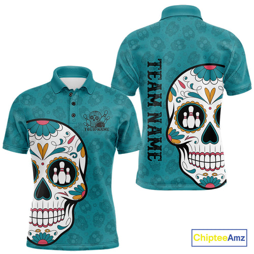 Custom Blue Sugar Skull Bowling Team Polo Shirts For Men, Halloween Bowlers Outfit IPHW9255