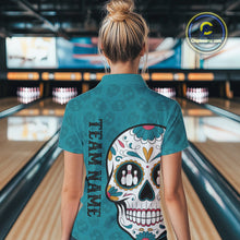 Load image into Gallery viewer, Custom Blue Sugar Skull Bowling Team Women Quarter-Zip Shirt, Halloween Bowlers Outfit IPHW9255
