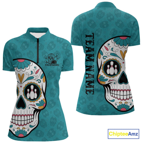 Custom Blue Sugar Skull Bowling Team Women Quarter-Zip Shirt, Halloween Bowlers Outfit IPHW9255