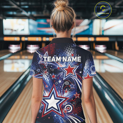 Back view of a female model in a bowling alley wearing a custom bowling polo shirt featuring red, white, and blue patriotic stars, halftone dots, and a grunge texture design.